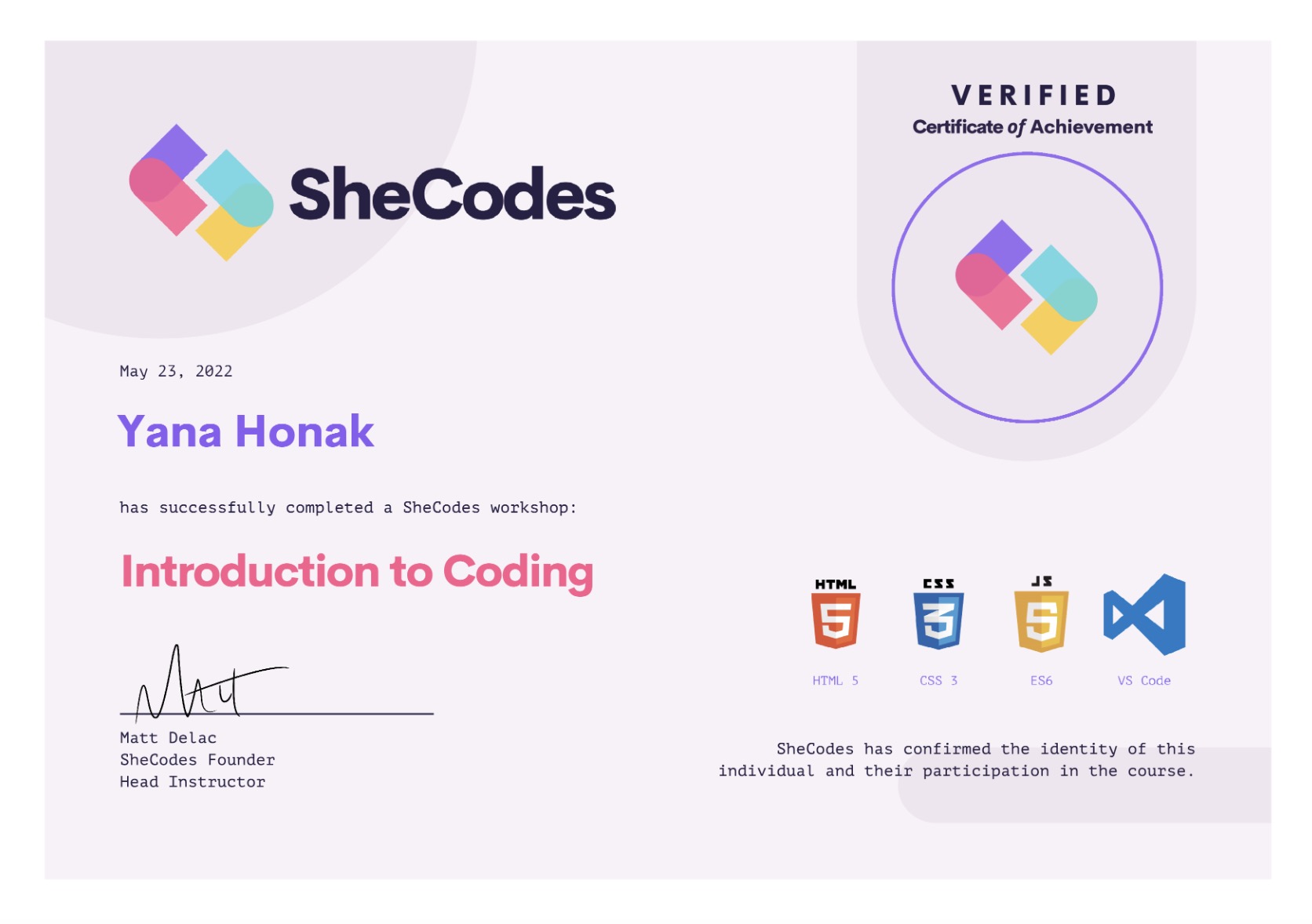 Shecodes basic certificate photo