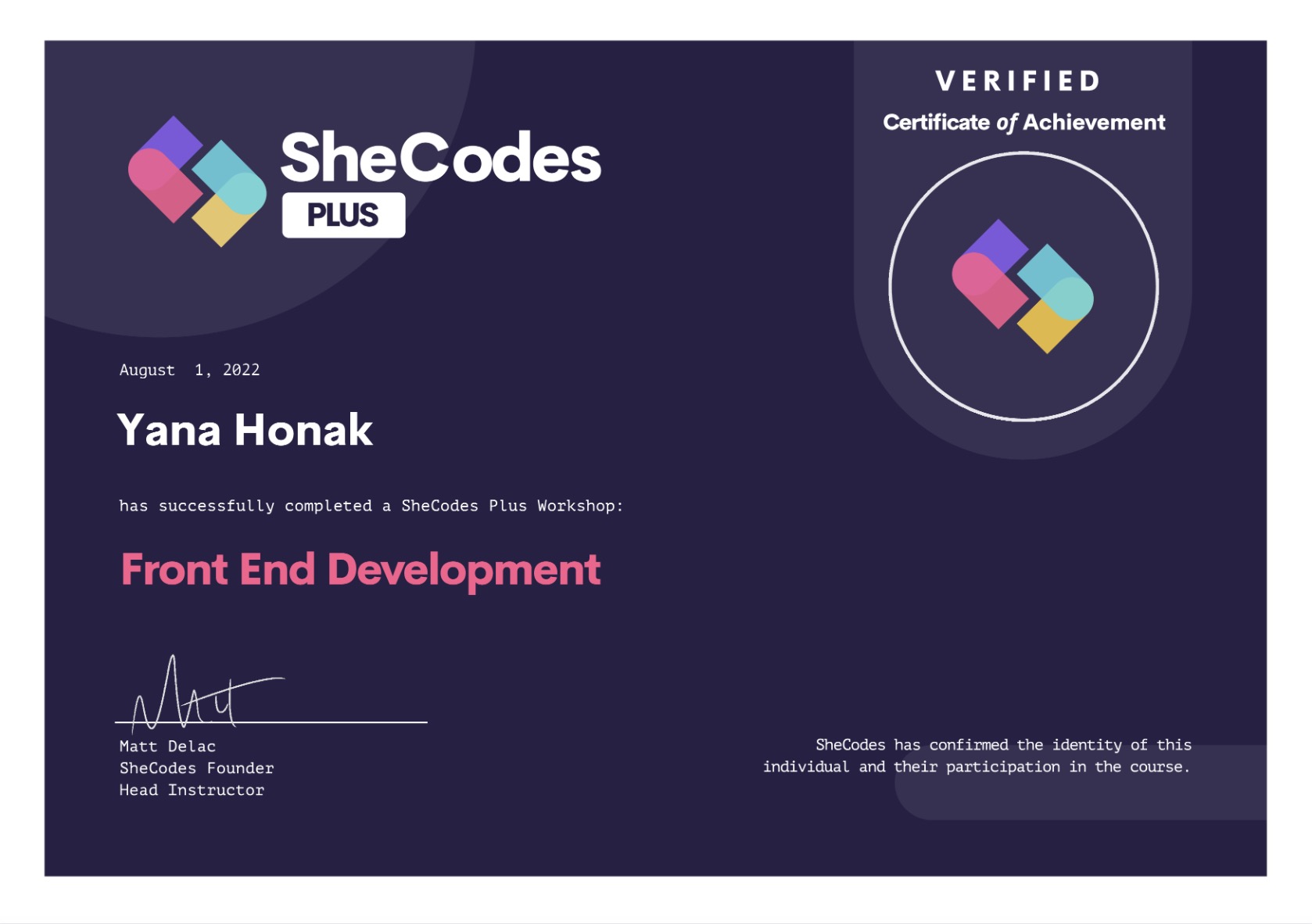 Shecodes plus certificate photo