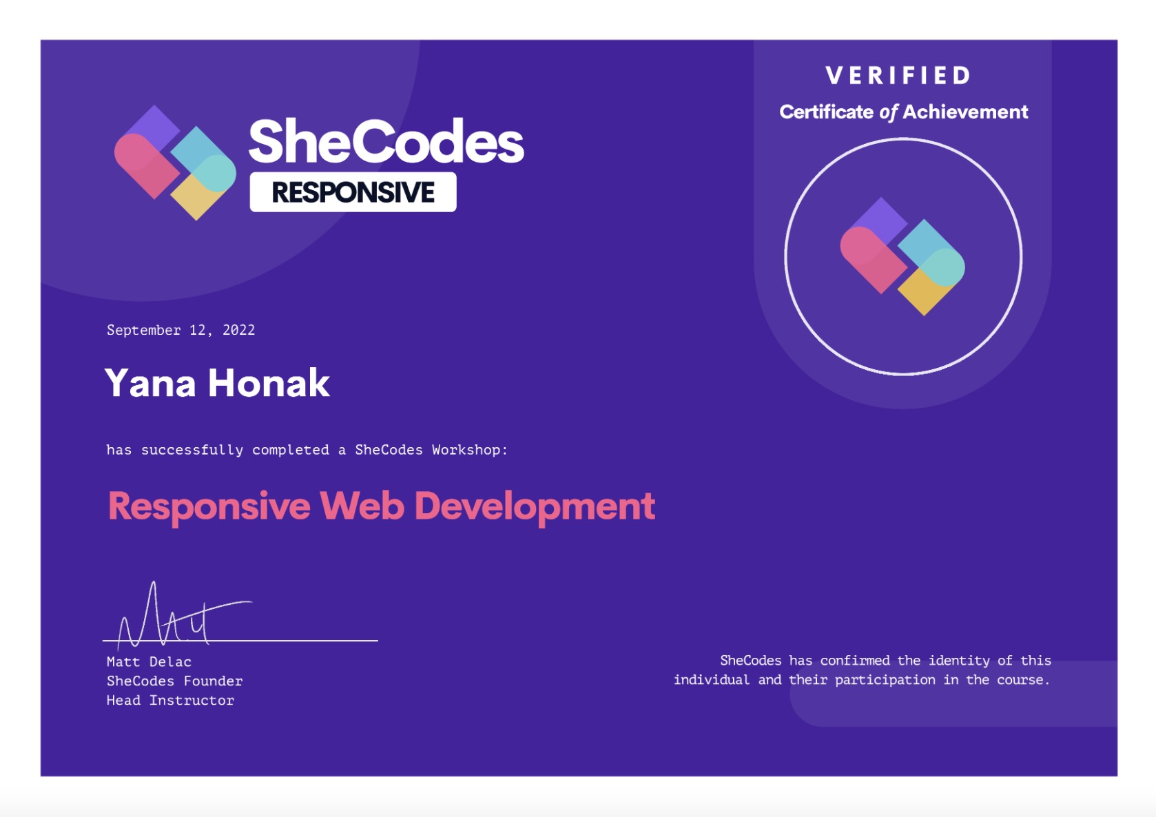 Shecodes responsive certificate photo